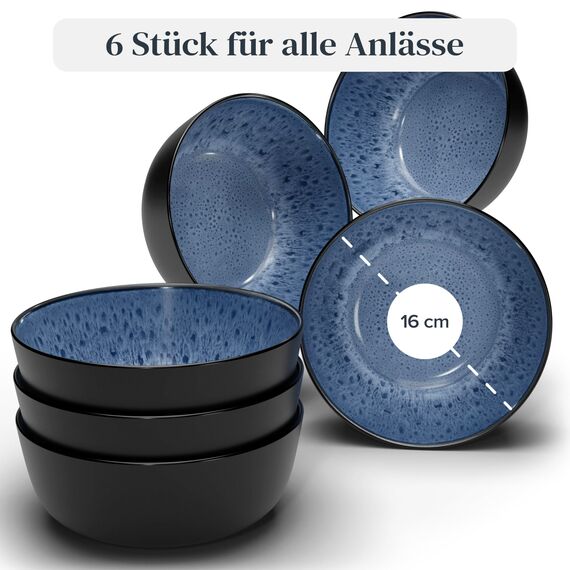 Steingut Müslischalen 6 Personen Ibiza TESTSIEGER, Traumhaftes Mediterranes Steingut Müsli Schüssel Set, Kleine Schüssel, Müslischale - Pure Living in Tiefblau