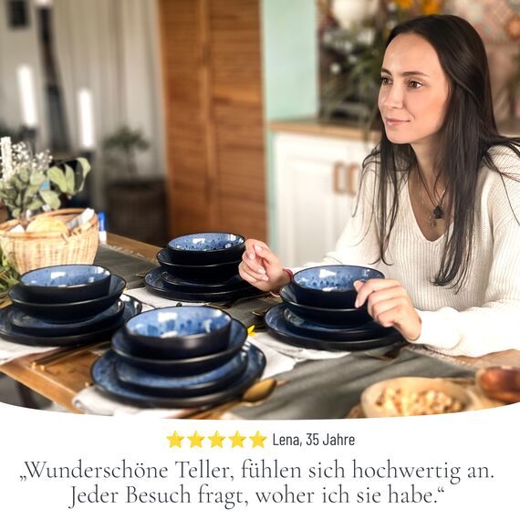 Steingut Geschirrset 12 Personen Ibiza 48 tlg., Traumhaftes Mediterranes Steingut Geschirr Set, Schüssel- und Teller Set, Tafelservice 12 Personen, Geschirrsets Pure Living in Tiefblau