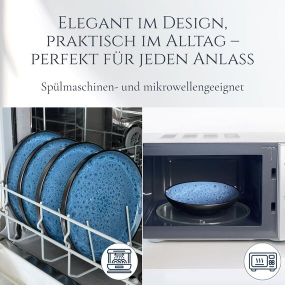 Steingut Geschirrset 12 Personen Ibiza 48 tlg., Traumhaftes Mediterranes Steingut Geschirr Set, Schüssel- und Teller Set, Tafelservice 12 Personen, Geschirrsets Pure Living in Tiefblau