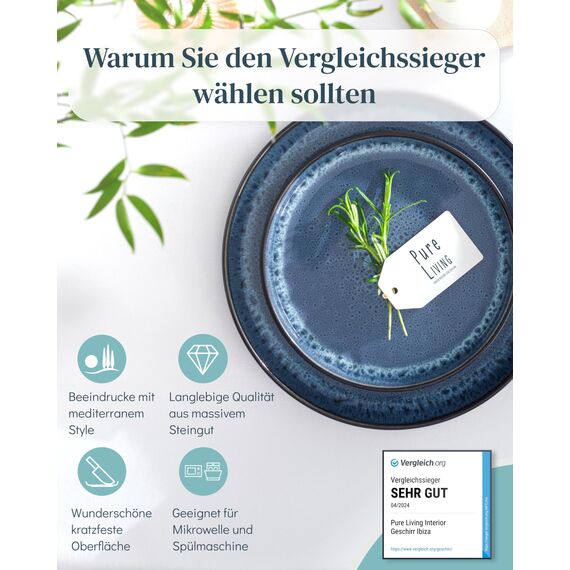 Steingut Geschirrset 4 Personen Ibiza 16 tlg. TESTSIEGER, Traumhaftes Mediterranes Steingut Geschirr Set, Schüssel- und Teller Set, Tafelservice 4 Personen, Geschirrsets Pure Living in Tiefblau