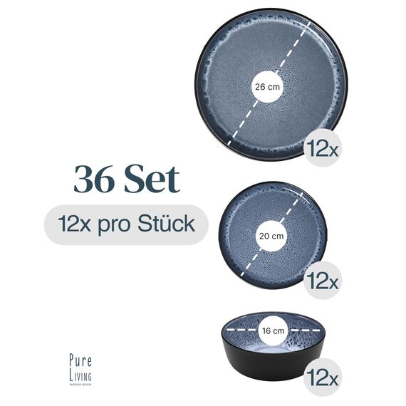 Steingut Geschirrset 12 Personen Ibiza 36 tlg. TESTSIEGER, Traumhaftes Mediterranes Steingut Geschirr Set, Schüssel- und Teller Set, Tafelservice 12 Personen, Geschirrsets Pure Living in Rauchblau