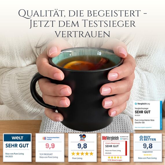Steingut kleine Tassen 6 Pers. Ibiza Hochwertiges Mediterranes TEST SEHR GUT Tassen Set, Spülmaschinen-, Mikrowellen- und Kratzfest - Stylisches Tee- und Kaffeebecher Set - Pure Living in Meeresgrün