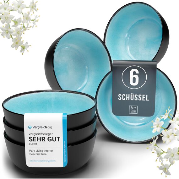 Steingut Müslischalen 6 Personen Ibiza TESTSIEGER, Traumhaftes Mediterranes Steingut Müsli Schüssel Set, Kleine Schüssel, Müslischale - Pure Living in Aquamarin