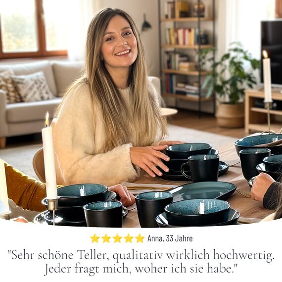 Steingut Geschirrset 12 Pers. Ibiza 48-tlg Hochwertiges Mediterranes Steingut Geschirr Set - Schüssel- und Teller Set - Tafelservice 12 Personen Geschirrsets Pure Living in Petrol