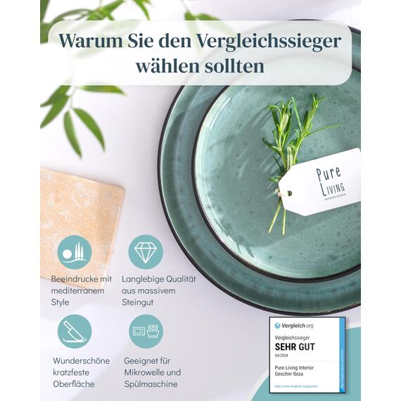 Steingut Geschirrset 6 Personen Ibiza 18 tlg. TESTSIEGER, Traumhaftes Mediterranes Steingut Geschirr Set, Schüssel- und Teller Set, Tafelservice 6 Personen, Geschirrsets Pure Living in Salbeigrün