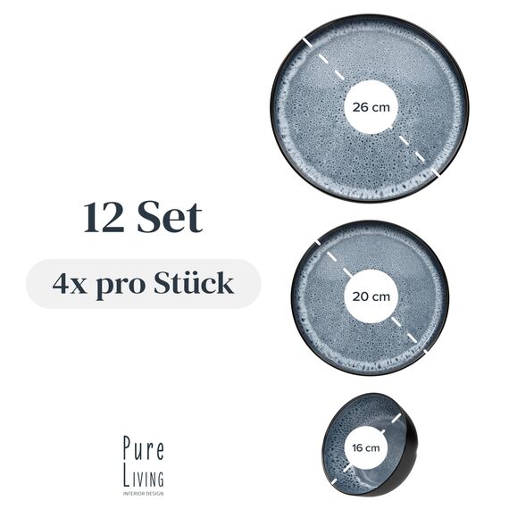 Steingut Geschirrset 4 Personen Ibiza 12 tlg. TESTSIEGER, Traumhaftes Mediterranes Steingut Geschirr Set, Schüssel- und Teller Set, Tafelservice 4 Personen, Geschirrsets Pure Living in Rauchblau