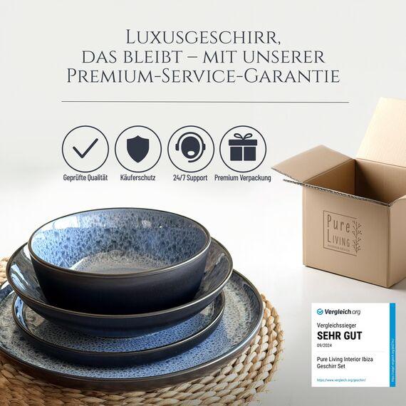 Steingut Geschirrset 12 Pers. Ibiza 48-tlg Hochwertiges Mediterranes Steingut Geschirr Set - Schüssel- und Teller Set - Tafelservice 12 Personen Geschirrsets Pure Living in Graublau