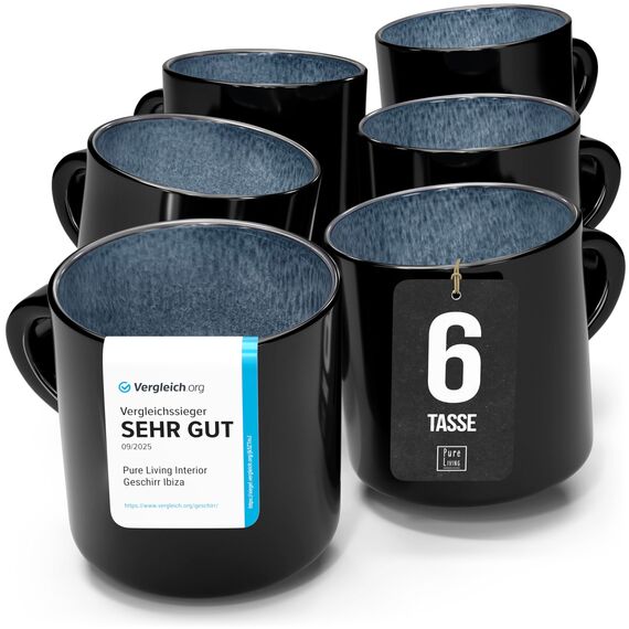 Steingut kleine Tassen 6 Pers. Ibiza Hochwertiges Mediterranes TEST SEHR GUT Tassen Set, Spülmaschinen-, Mikrowellen- und Kratzfest - Stylisches Tee- und Kaffeebecher Set - Pure Living in Rauchblau