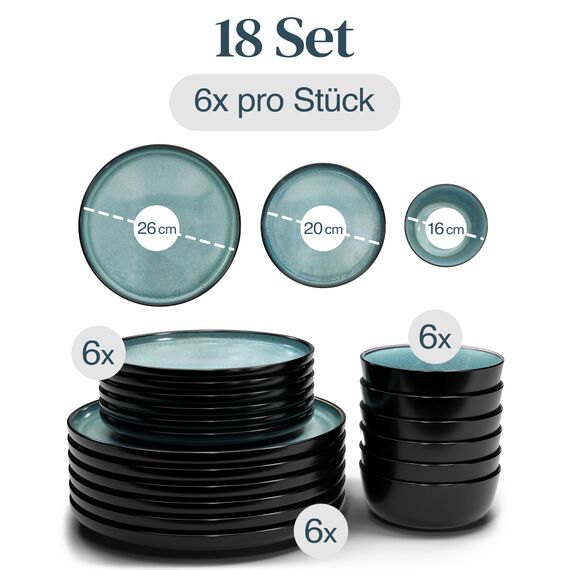 Steingut Geschirrset 6 Personen Ibiza 18 tlg. TESTSIEGER, Traumhaftes Mediterranes Steingut Geschirr Set, Schüssel- und Teller Set, Tafelservice 6 Personen, Geschirrsets Pure Living in Petrol