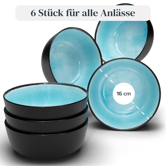 Steingut Müslischalen 6 Personen Ibiza TESTSIEGER, Traumhaftes Mediterranes Steingut Müsli Schüssel Set, Kleine Schüssel, Müslischale - Pure Living in Aquamarin