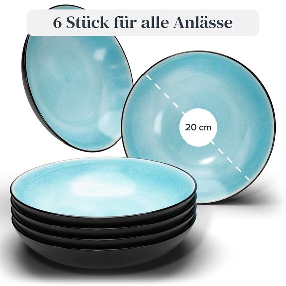 Steingut Suppenteller 6 Pers. Ibiza Hochwertiges Mediterranes TEST SEHR GUT Steingut Tiefe Teller Set - Kratzfest, Für Spülmaschine, Mikrowelle - Pasta Teller Tief Groß - Pure Living in Aquamarin
