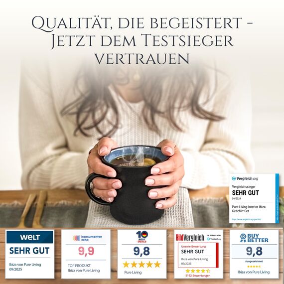 Steingut kleine Tassen 6 Pers. Ibiza Hochwertiges Mediterranes TEST SEHR GUT Tassen Set, Spülmaschinen-, Mikrowellen- und Kratzfest - Stylisches Tee- und Kaffeebecher Set - Pure Living in Rauchblau