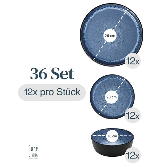 Steingut Geschirrset 12 Personen Ibiza 36 tlg. TESTSIEGER, Traumhaftes Mediterranes Steingut Geschirr Set, Schüssel- und Teller Set, Tafelservice 12 Personen, Geschirrsets Pure Living in Tiefblau