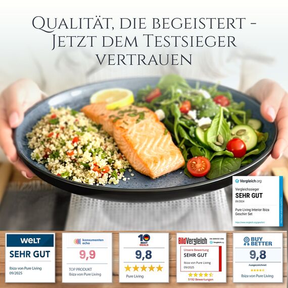 Steingut Geschirrset 12 Pers. Ibiza 48-tlg Hochwertiges Mediterranes Steingut Geschirr Set - Schüssel- und Teller Set - Tafelservice 12 Personen Geschirrsets Pure Living in Graublau