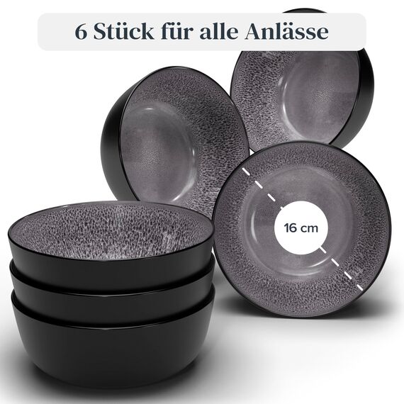 Steingut Müslischalen 6 Personen Ibiza TESTSIEGER, Traumhaftes Mediterranes Steingut Müsli Schüssel Set, Kleine Schüssel, Müslischale - Pure Living in Grau
