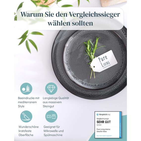 Steingut Geschirrset 4 Personen Ibiza 16 tlg. TESTSIEGER, Traumhaftes Mediterranes Steingut Geschirr Set, Schüssel- und Teller Set, Tafelservice 4 Personen, Geschirrsets Pure Living in Grau