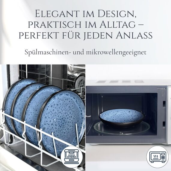 Steingut Geschirrset 12 Pers. Ibiza 48-tlg Hochwertiges Mediterranes Steingut Geschirr Set - Schüssel- und Teller Set - Tafelservice 12 Personen Geschirrsets Pure Living in Graublau