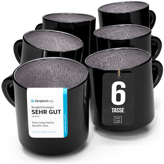 Steingut kleine Kaffeetassen 6 Pers. Ibiza Hochwertiges Mediterranes TEST SEHR GUT Tassen Set, Spülmaschinen-, Mikrowellen- und Kratzfest - Stylisches Tee- und Kaffeebecher Set - Pure Living in Grau