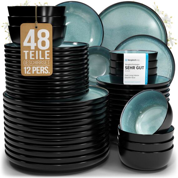 Steingut Geschirrset 12 Pers. Ibiza 48-tlg Hochwertiges Mediterranes Steingut Geschirr Set - Schüssel- und Teller Set - Tafelservice 12 Personen Geschirrsets Pure Living in Petrol