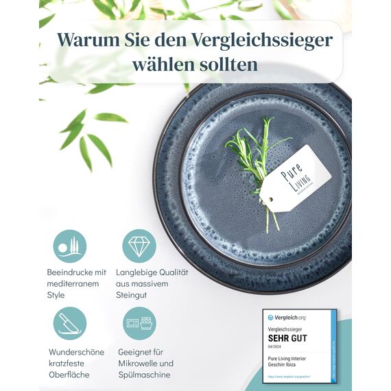 Steingut Suppenteller 6 Personen Ibiza TESTSIEGER, Traumhaftes Mediterranes Steingut Tiefe Teller Set, Pasta Teller Tief Groß - Pure Living in Rauchblau