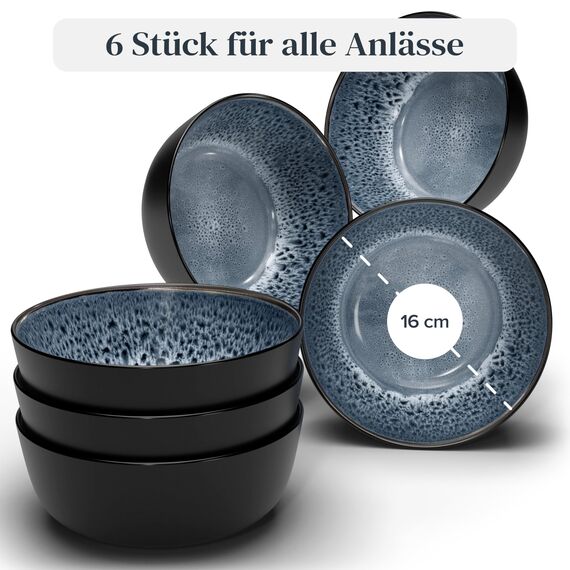 Steingut Müslischalen 6 Personen Ibiza TESTSIEGER, Traumhaftes Mediterranes Steingut Müsli Schüssel Set, Kleine Schüssel, Müslischale - Pure Living in Rauchblau