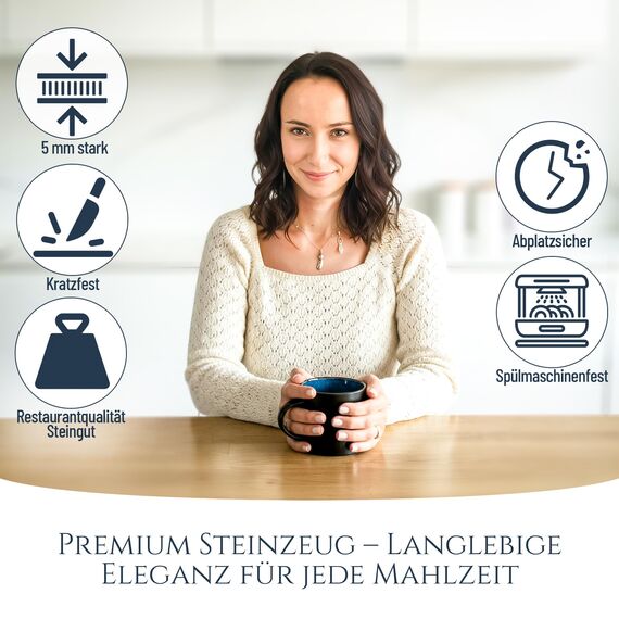 Steingut kleine Tassen 6 Pers. Ibiza Hochwertiges Mediterranes TEST SEHR GUT Tassen Set, Spülmaschinen-, Mikrowellen- und Kratzfest - Stylisches Tee- und Kaffeebecher Set - Pure Living in Tiefblau