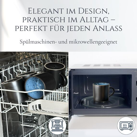 Steingut kleine Tassen 6 Pers. Ibiza Hochwertiges Mediterranes TEST SEHR GUT Tassen Set, Spülmaschinen-, Mikrowellen- und Kratzfest - Stylisches Tee- und Kaffeebecher Set - Pure Living in Tiefblau