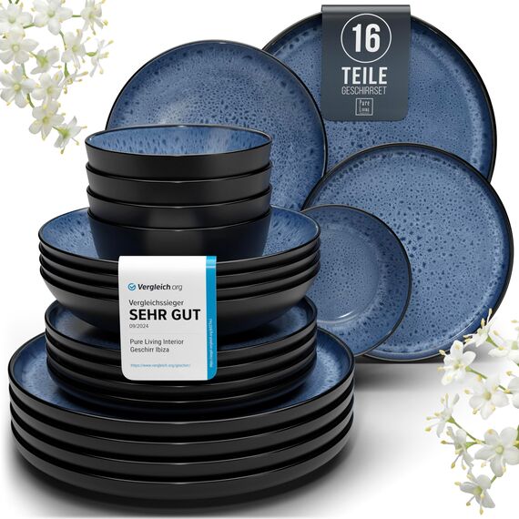 Steingut Geschirrset 4 Personen Ibiza 16 tlg. TESTSIEGER, Traumhaftes Mediterranes Steingut Geschirr Set, Schüssel- und Teller Set, Tafelservice 4 Personen, Geschirrsets Pure Living in Tiefblau