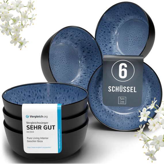 Steingut Müslischalen 6 Personen Ibiza TESTSIEGER, Traumhaftes Mediterranes Steingut Müsli Schüssel Set, Kleine Schüssel, Müslischale - Pure Living in Tiefblau