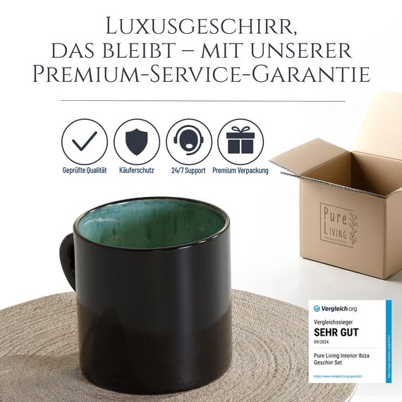 Steingut kleine Tassen 6 Pers. Ibiza Hochwertiges Mediterranes TEST SEHR GUT Tassen Set, Spülmaschinen-, Mikrowellen- und Kratzfest - Stylisches Tee- und Kaffeebecher Set - Pure Living in Meeresgrün