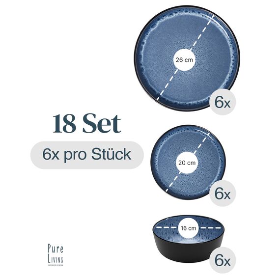 Steingut Geschirrset 6 Personen Ibiza 18 tlg. TESTSIEGER, Traumhaftes Mediterranes Steingut Geschirr Set, Schüssel- und Teller Set, Tafelservice 6 Personen, Geschirrsets Pure Living in Tiefblau