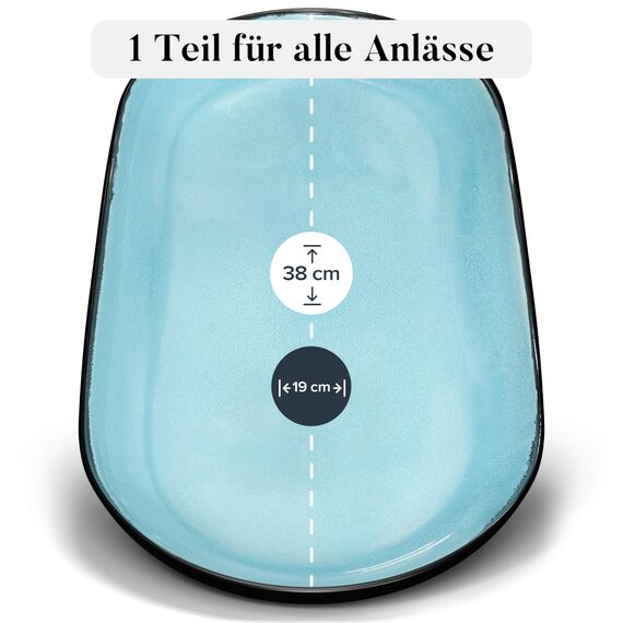 Steingut Servier Teller Groß Ibiza TESTSIEGER, Traumhafte Mediterrane Steingut Servierplatte, Serving Plate Oval, Servierteller Groß - Pure Living in Aquamarin