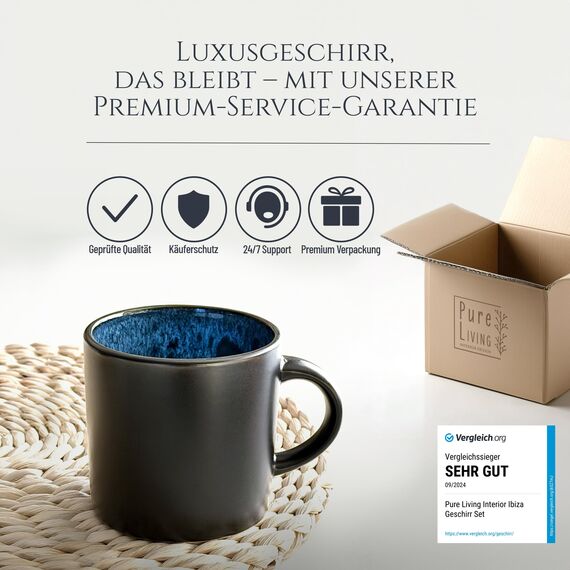 Steingut kleine Tassen 6 Pers. Ibiza Hochwertiges Mediterranes TEST SEHR GUT Tassen Set, Spülmaschinen-, Mikrowellen- und Kratzfest - Stylisches Tee- und Kaffeebecher Set - Pure Living in Tiefblau