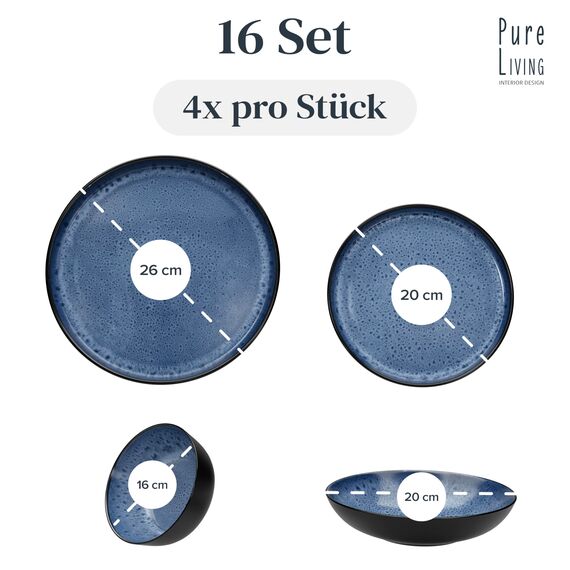 Steingut Geschirrset 4 Personen Ibiza 16 tlg. TESTSIEGER, Traumhaftes Mediterranes Steingut Geschirr Set, Schüssel- und Teller Set, Tafelservice 4 Personen, Geschirrsets Pure Living in Tiefblau