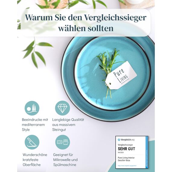 Steingut Geschirrset 6 Personen Ibiza 18 tlg. TESTSIEGER, Traumhaftes Mediterranes Steingut Geschirr Set, Schüssel- und Teller Set, Tafelservice 6 Personen, Geschirrsets Pure Living in Aquamarin