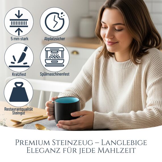 Steingut kleine Tassen 6 Pers. Ibiza Hochwertiges Mediterranes TEST SEHR GUT Tassen Set, Spülmaschinen-, Mikrowellen- und Kratzfest - Stylisches Tee- und Kaffeebecher Set - Pure Living in Aquamarin