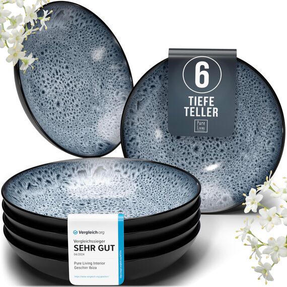 Steingut Suppenteller 6 Personen Ibiza TESTSIEGER, Traumhaftes Mediterranes Steingut Tiefe Teller Set, Pasta Teller Tief Groß - Pure Living in Rauchblau