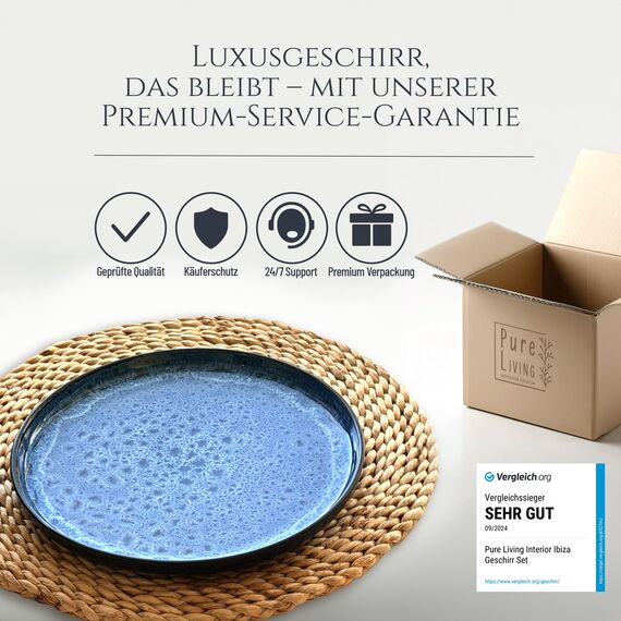 Steingut Teller Groß 6 Personen Ibiza TESTSIEGER, Traumhaftes Mediterranes Steingut Speiseteller Set, Stylisches Essteller Set, Pure Living in Tiefblau