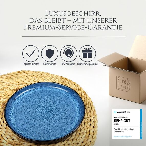 Steingut Frühstücksteller 6 Personen Ibiza TESTSIEGER, Traumhaftes Mediterranes Steingut Dessertteller Set, Kleine Teller, Salatteller - Pure Living in Tiefblau