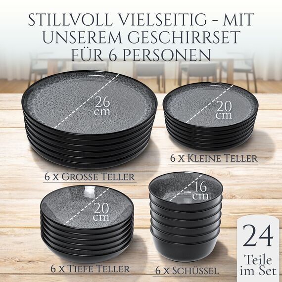 Steingut Geschirrset 6 Personen Ibiza 24 tlg. TESTSIEGER, Traumhaftes Mediterranes Steingut Geschirr Set, Schüssel- und Teller Set, Tafelservice 6 Personen, Geschirrsets Pure Living in Grau