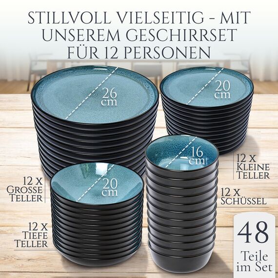 Steingut Geschirrset 12 Pers. Ibiza 48-tlg Hochwertiges Mediterranes Steingut Geschirr Set - Schüssel- und Teller Set - Tafelservice 12 Personen Geschirrsets Pure Living in Petrol