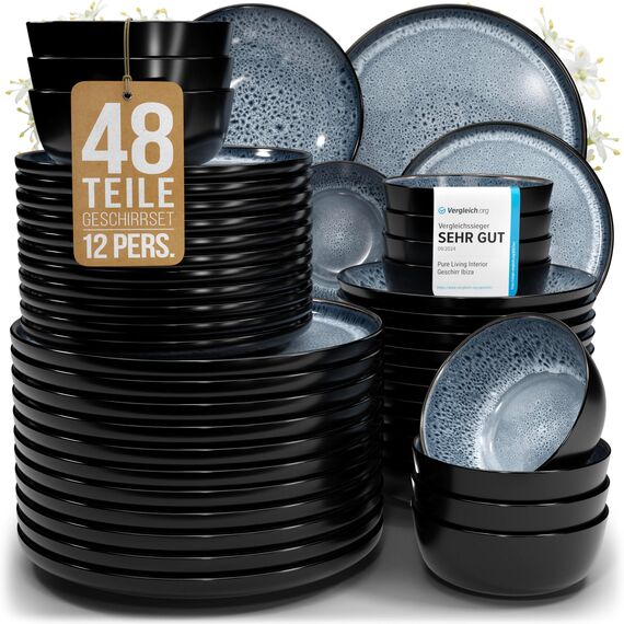 Steingut Geschirrset 12 Pers. Ibiza 48-tlg Hochwertiges Mediterranes Steingut Geschirr Set - Schüssel- und Teller Set - Tafelservice 12 Personen Geschirrsets Pure Living in Graublau