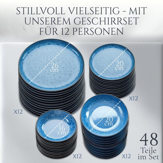 Steingut Geschirrset 12 Personen Ibiza 48 tlg., Traumhaftes Mediterranes Steingut Geschirr Set, Schüssel- und Teller Set, Tafelservice 12 Personen, Geschirrsets Pure Living in Tiefblau