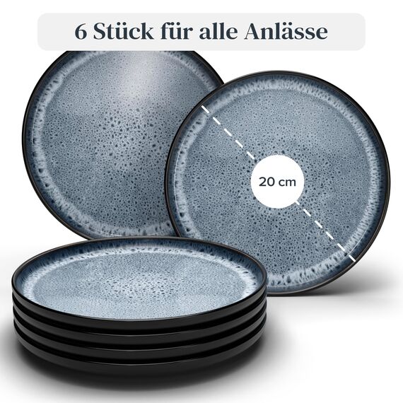 Steingut Frühstücksteller 6 Personen Ibiza TESTSIEGER, Traumhaftes Mediterranes Steingut Dessertteller Set, Kleine Teller, Salatteller - Pure Living in Rauchblau