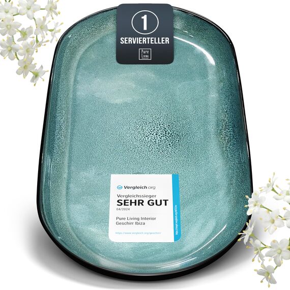 Steingut Servier Teller Groß Ibiza TESTSIEGER, Traumhafte Mediterrane Steingut Servierplatte, Serving Plate Oval, Servierteller Groß - Pure Living in Petrol