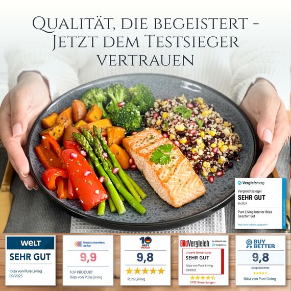 Steingut Geschirrset 6 Personen Ibiza 24 tlg. TESTSIEGER, Traumhaftes Mediterranes Steingut Geschirr Set, Schüssel- und Teller Set, Tafelservice 6 Personen, Geschirrsets Pure Living in Grau