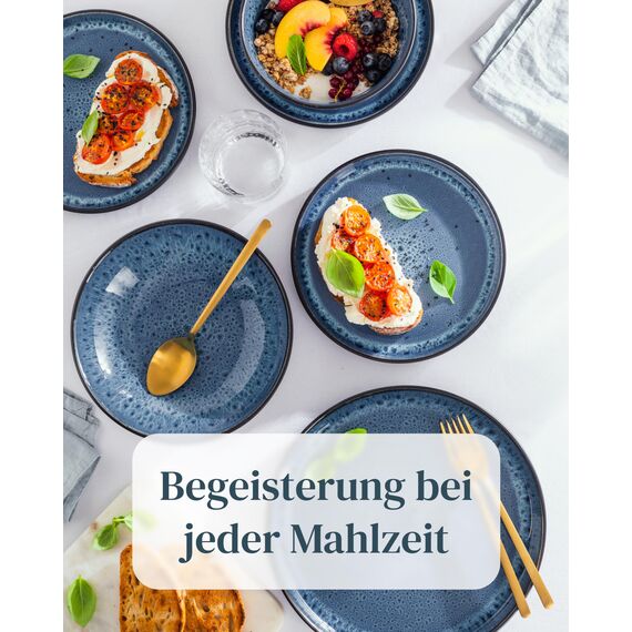 Steingut Geschirrset 4 Personen Ibiza 12 tlg. TESTSIEGER, Traumhaftes Mediterranes Steingut Geschirr Set, Schüssel- und Teller Set, Tafelservice 4 Personen, Geschirrsets Pure Living in Tiefblau