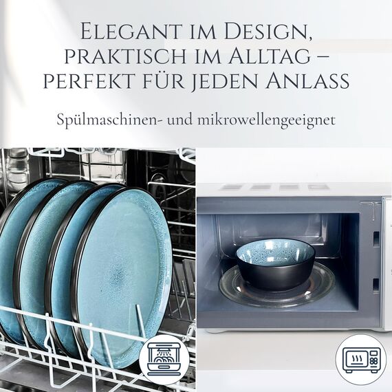 Steingut Geschirrset 12 Pers. Ibiza 48-tlg Hochwertiges Mediterranes Steingut Geschirr Set - Schüssel- und Teller Set - Tafelservice 12 Personen Geschirrsets Pure Living in Petrol