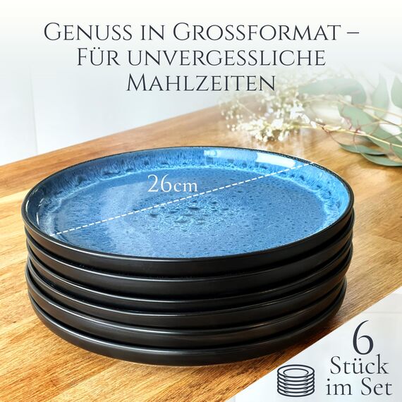 Steingut Teller Groß 6 Personen Ibiza TESTSIEGER, Traumhaftes Mediterranes Steingut Speiseteller Set, Stylisches Essteller Set, Pure Living in Tiefblau