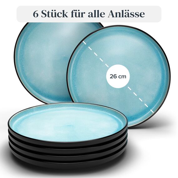 Steingut Teller Groß 6 Personen Ibiza TESTSIEGER, Traumhaftes Mediterranes Steingut Speiseteller Set, Stylisches Essteller Set, Pure Living in Aquamarin